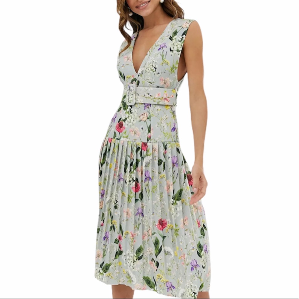 ASOS DESIGN Green Botanical Plunge Sleeveless Belt Midi Dress NWT Size 10